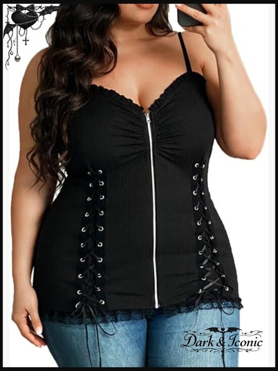 Tops - Plus Size Corset Lace Up Cami Top Gothic Ribbed Stretch Sleeveless